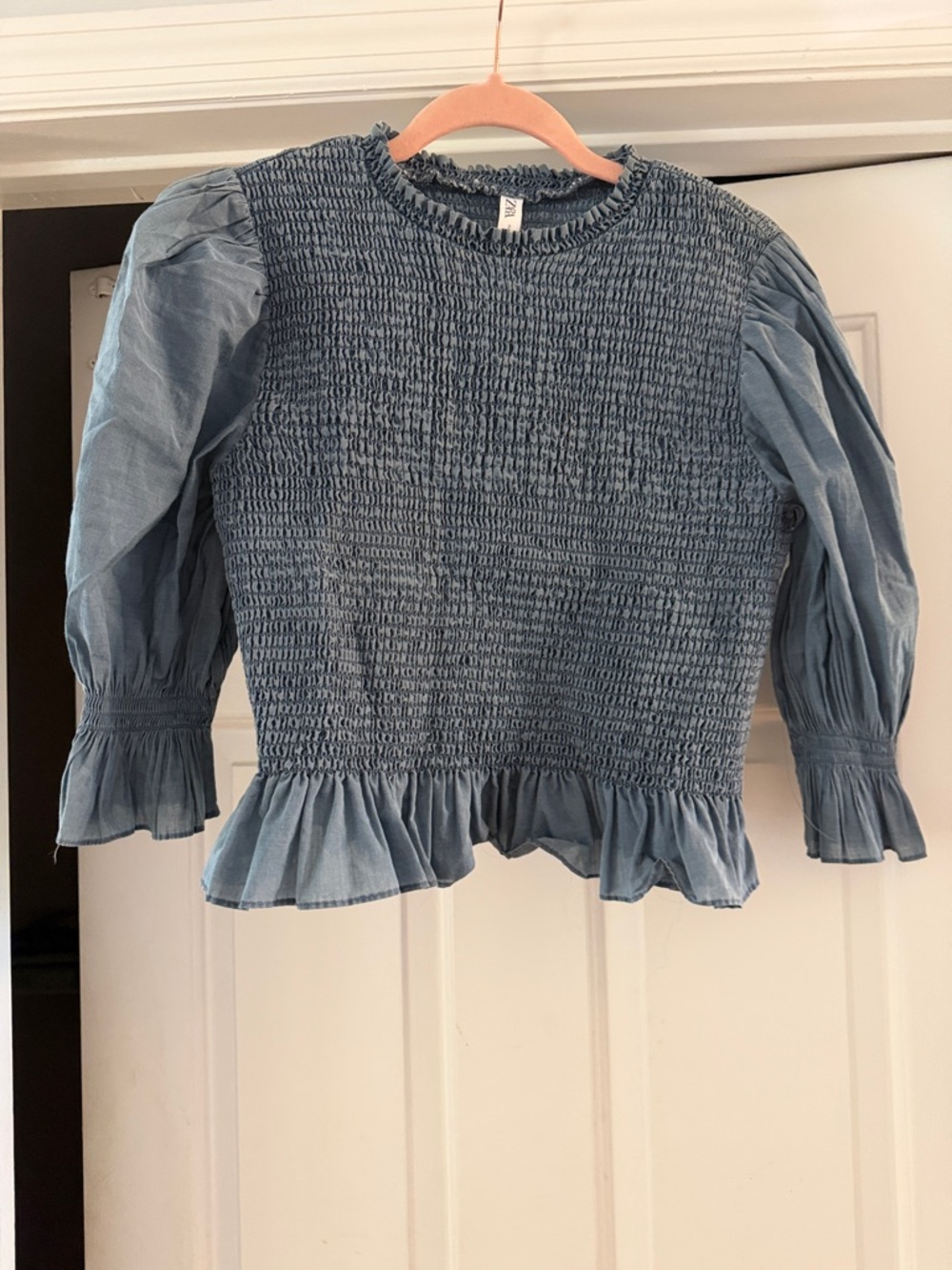 Zara Light Blue Smocked Ruffle Peasant Top